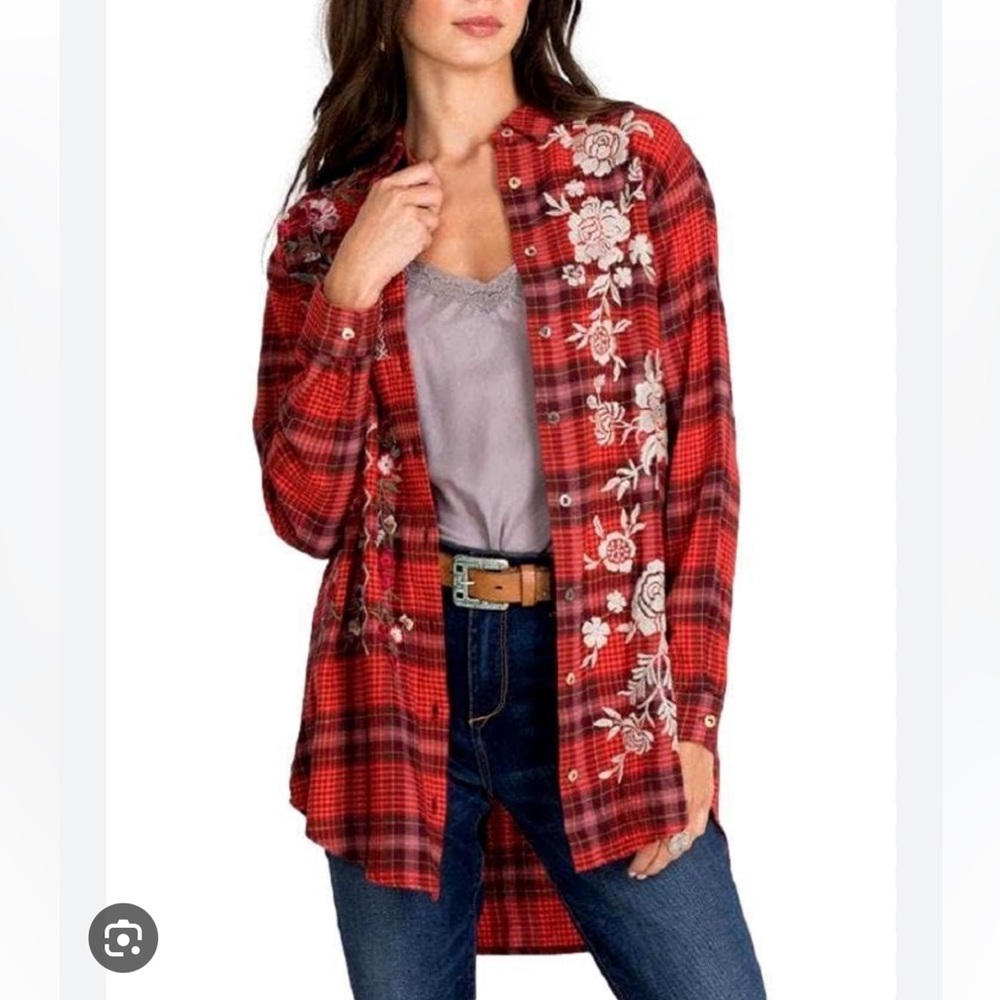 NWT Johnny Was Oversized Roma Button Down Plaid Embroidered Tunic Shirt